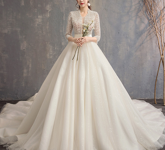 Wedding dress evening dress bride wedding Europe and The United States heavy industry stand collar big tail show slim ground pompous skirt supply