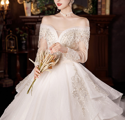 Wedding dress evening dress bride new one word shoulder long sleeve temperament light palace wind princess big tail
