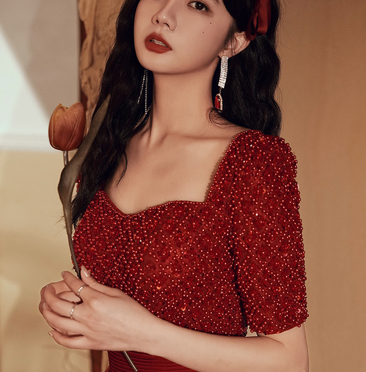 Wine red Evening dress pearl dress for dinner party dress bride temperament female banquet wine red usually can wear engagement skirt waist toasting