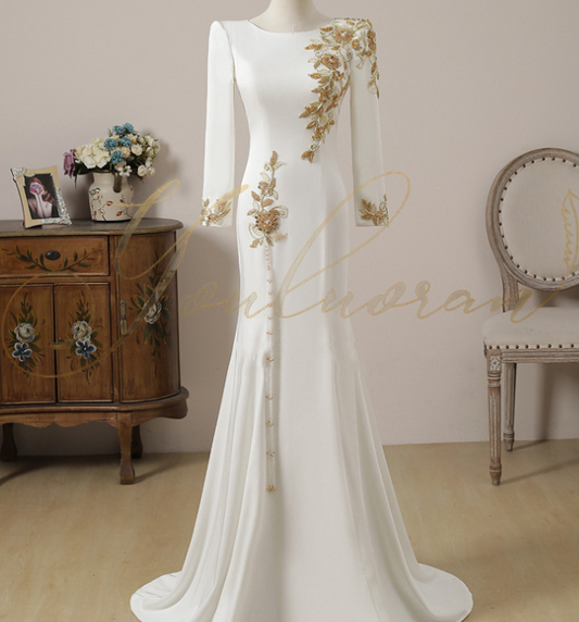 White evening party dress long sleeve embroidery version stage solo performance dress Female long vocal art test dress host clothing fish tail slim dress