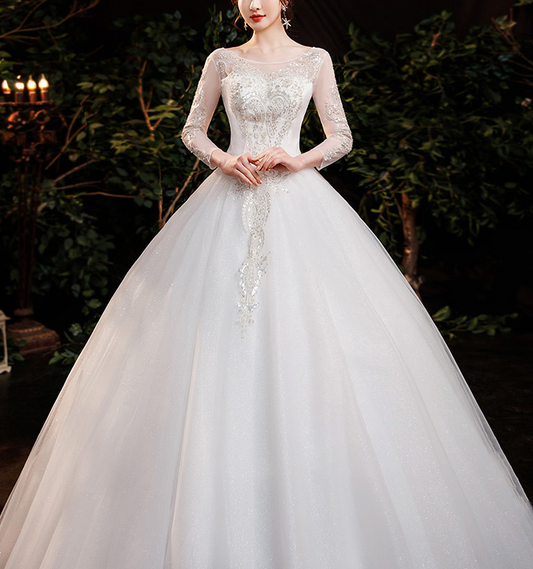 wedding dress formal dress bride shoulder to the ground long sleeves simple star main wedding dress large size