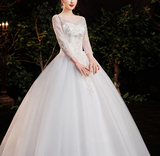 wedding dress formal dress bride shoulder to the ground long sleeves simple star main wedding dress large size