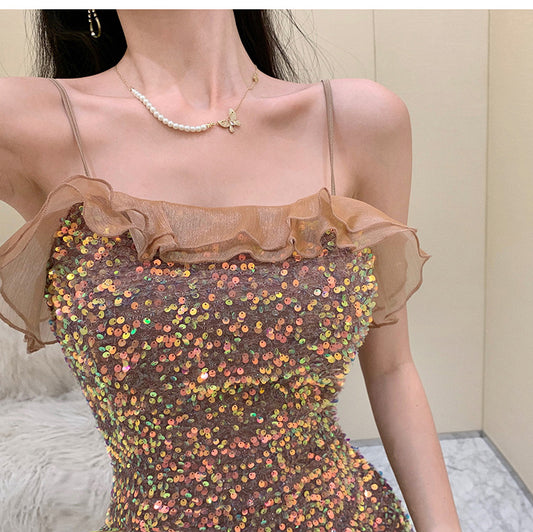 Party Dress Dinner Dresses Gala Sequin Cute Sexy Bar Strap Dress Stitching Organza Slim Sheath Party Evening Dress H8293