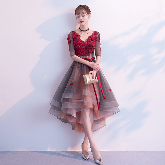 Red Flower Party dress Toast Dress Bride 2022 New Short Elegant Short Front Short Back Length Ladies Banquet Wedding Evening Dress Women