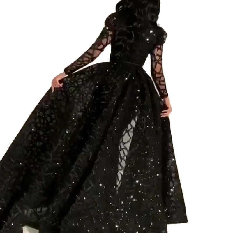 Long Sleeve Dress Party Dinner Gown Dress round Neck Long Sleeve Sequined Puffy Evening Dress