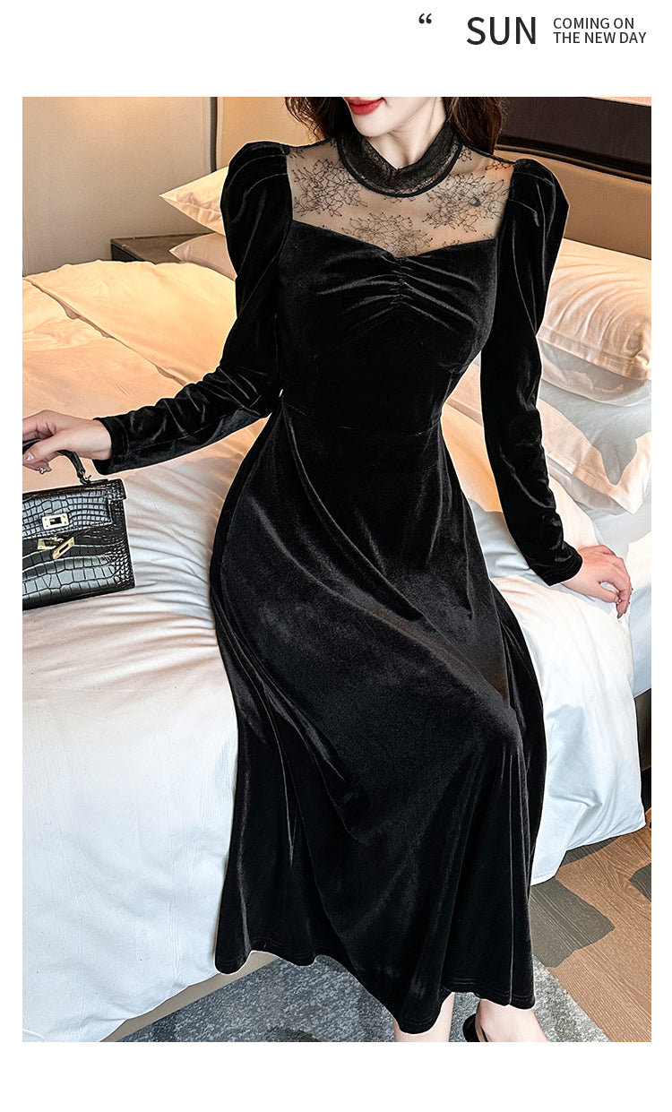 2023 Autumn and Winter Annual Party Party Dress Skirt ~ French Style Hepburn Elegant Half Turtleneck Lace Stitching Velvet Dress