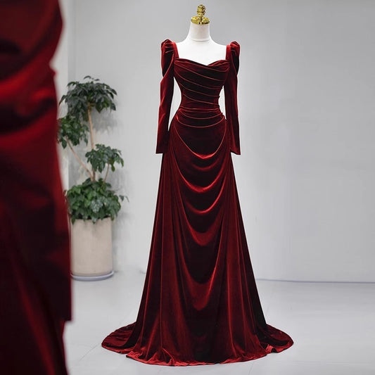 High-Grade Velvet Toast Dress Wine Red Long Sleeve Bride Engagement Dress Banquet Host Dress Annual Meeting Dress