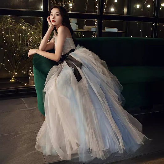 Annual Party Evening Dress Women's 2024 Belt Oblique Shoulder Design Socialite Host Dress Temperament Piano Performance Dress