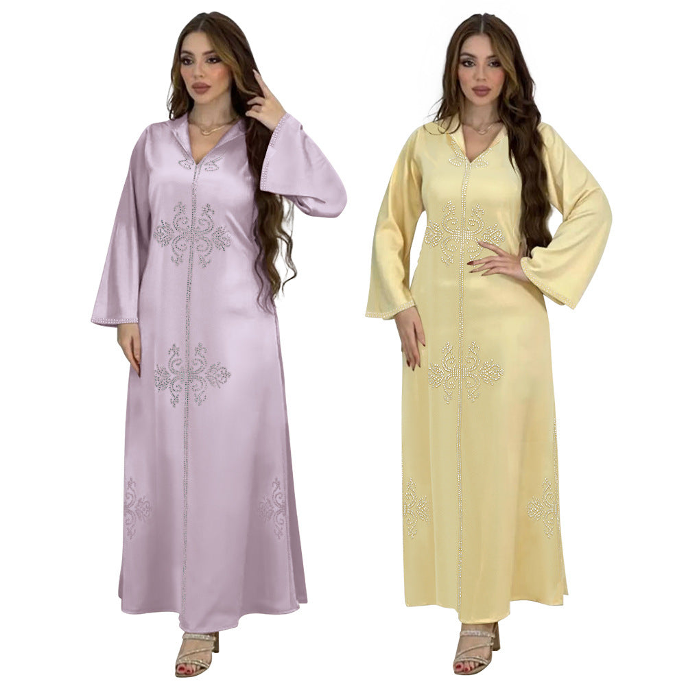 Xqy500157 Middle East Abaya Ethnic Style Dress Hooded Robe Fashion Diamond-Embedded Slits Lower Hem Dress