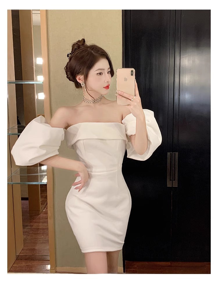 Sexy White off-Shoulder Dress Women's 2024 Spring and Summer New High-End Sense Temperament Banquet Light Dress Women's Fashion