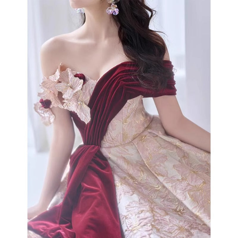 Evening dress gala ball gown pink flower red satin off shoulder Banquet French Bride H8923