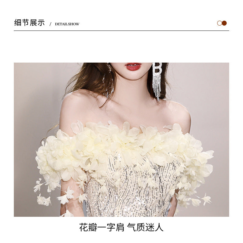 Fishtail Evening Dress 2024 off-Shoulder High-End Affordable Luxury Niche High-End Host Sequined Annual Meeting Dinner Flash