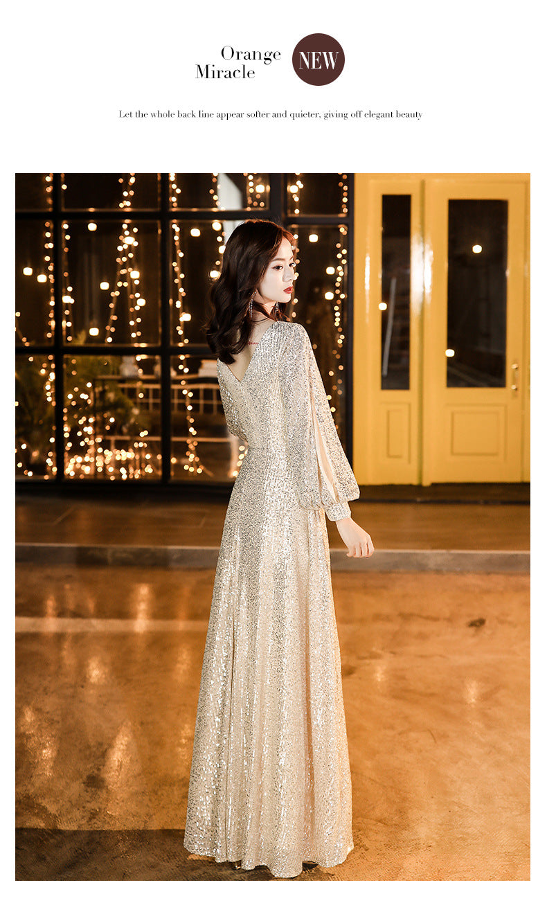 Factory Supply Evening Dress 2024 New Autumn and Winter Long Long Sleeve V-neck Sequins Champagne Annual Party Evening Dress