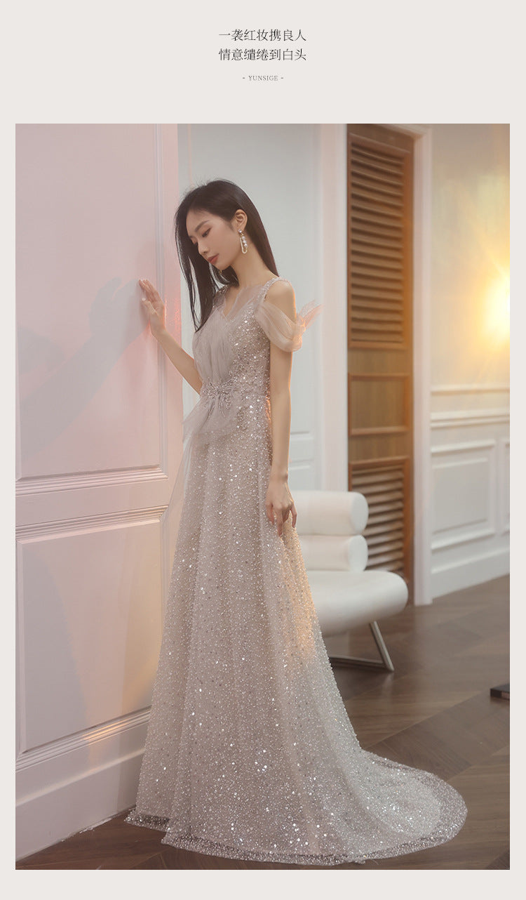 Evening Dress 2024 Autumn and Winter New Banquet Temperament Heavy Industry Light Wedding Dress Engagement Dress Toast Dress Host