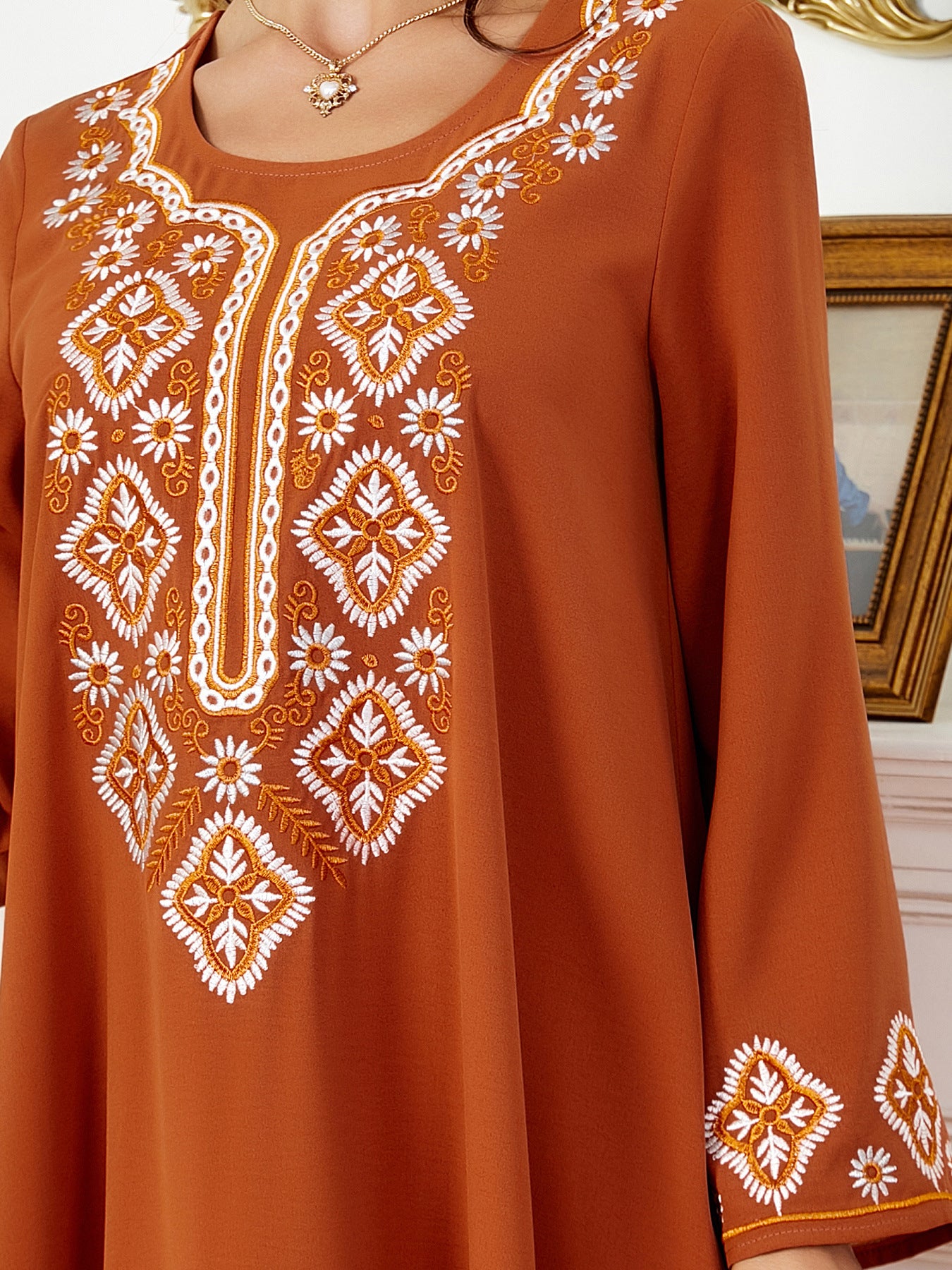 3567 Muslim Women's Wear Solid Color Embroidery Muslim Middle East Women's Clothing Arab Dress Long Sleeve Dress