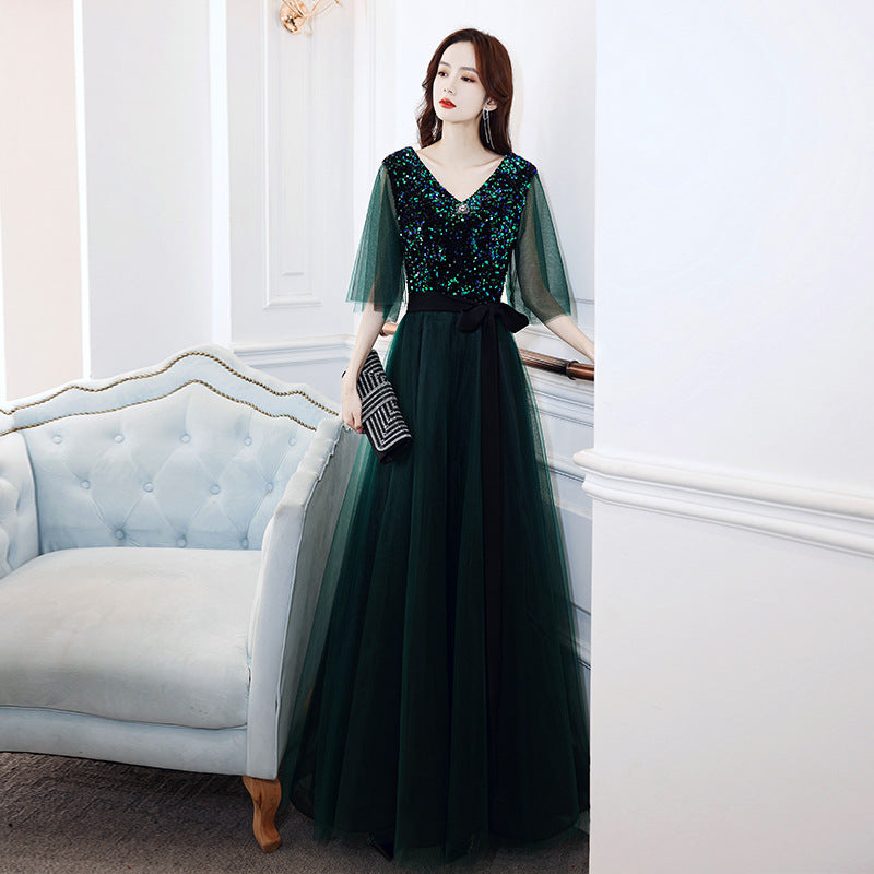 Evening Dress Prom dresses Green sequin Women Banquet Temperament French Entry Lux Niche High-End Dark Green Princess Annual Meeting Host H28822