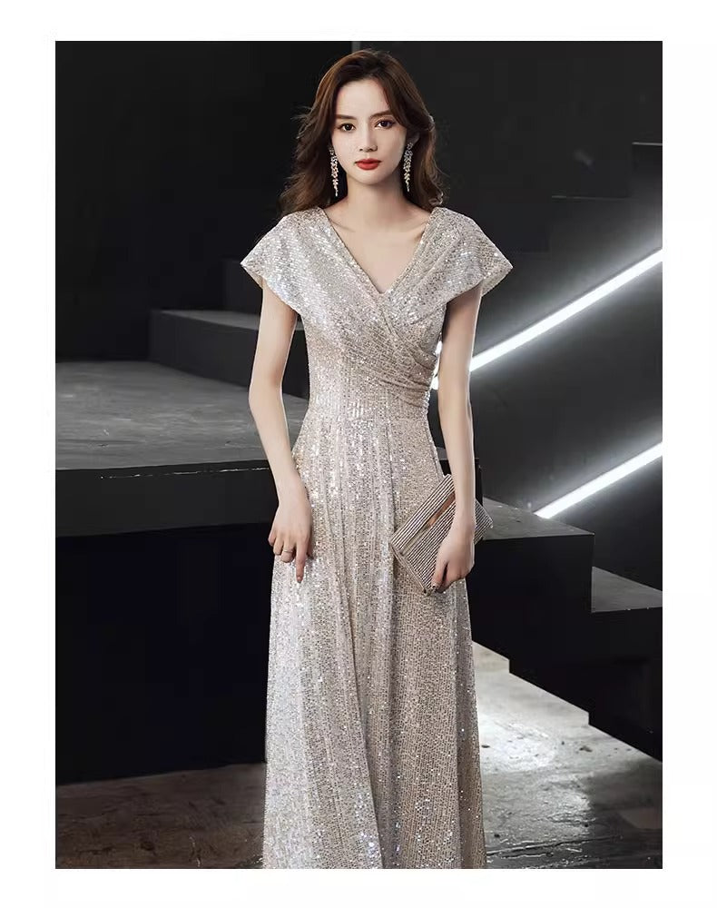 Banquet Evening Dress 2024 New High Sense V-neck Sequins Special Interest Light Luxury Performance Host's Dress Dress