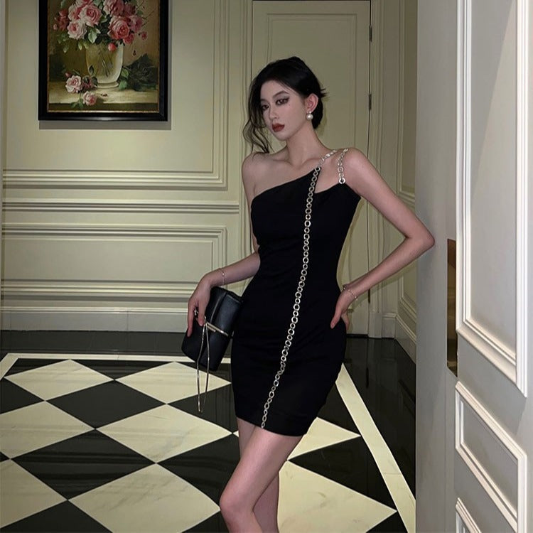 Sexy Irregular Spaghetti-Strap Dress Women's Spring and Summer French Pure Hot Girl Temperament Waist-Controlled Banquet Dress Black Dress