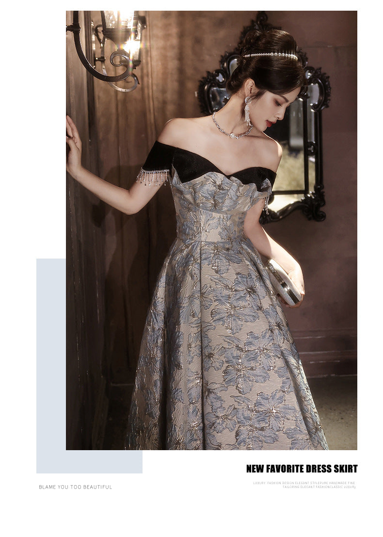 off-Shoulder Banquet Evening Dress Dress Female Gao Ding French Entry Lux Niche High-End Temperament Senior Sense Host Adult Ceremony