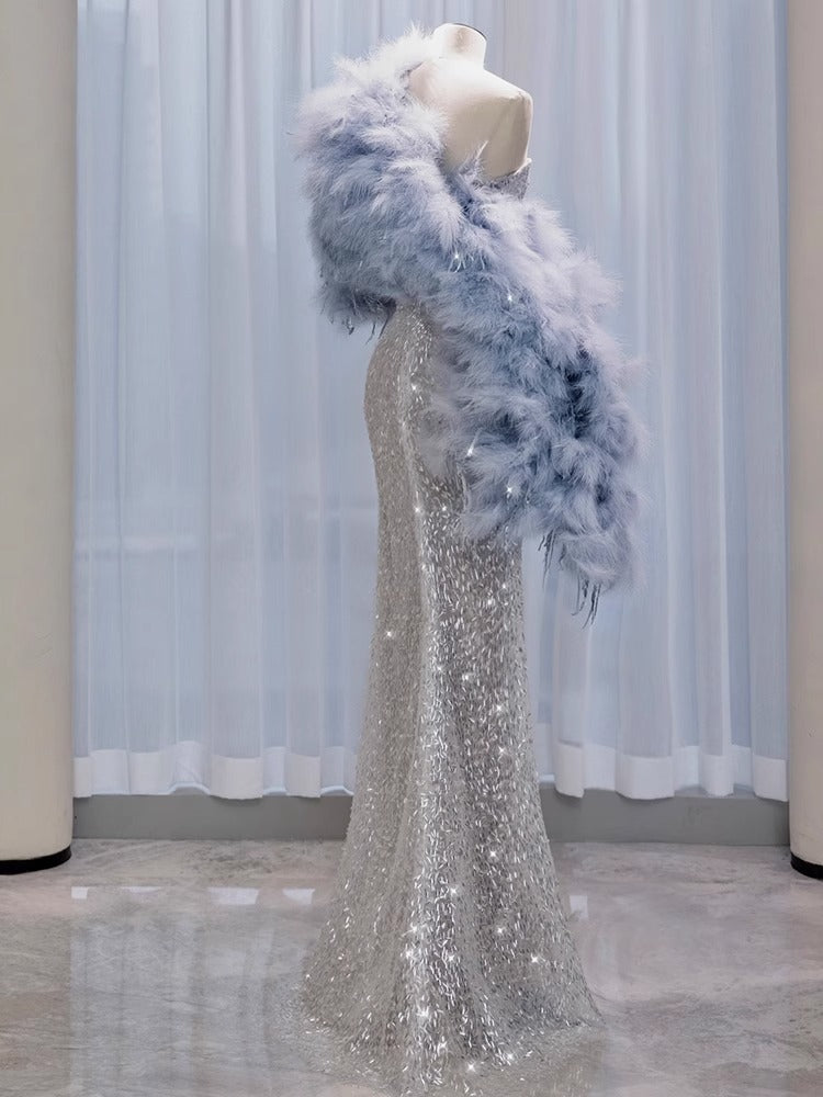 Engagement Tube Top Evening Dress for Women 2024 New Sexy Silver Paillette Fishtail Dress Feather Shawl Bridal Toast Dress