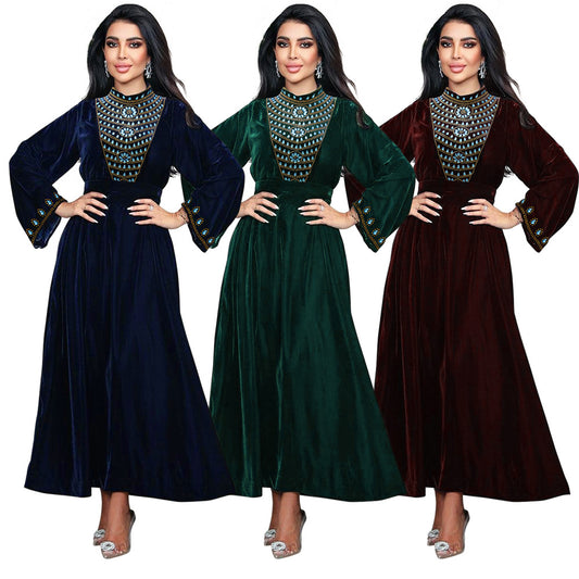 Xqy500219 Muslim Dubai Suede Dinner Dress Robe Blue Water Drop Rhinestone Jalabia Women's Clothing