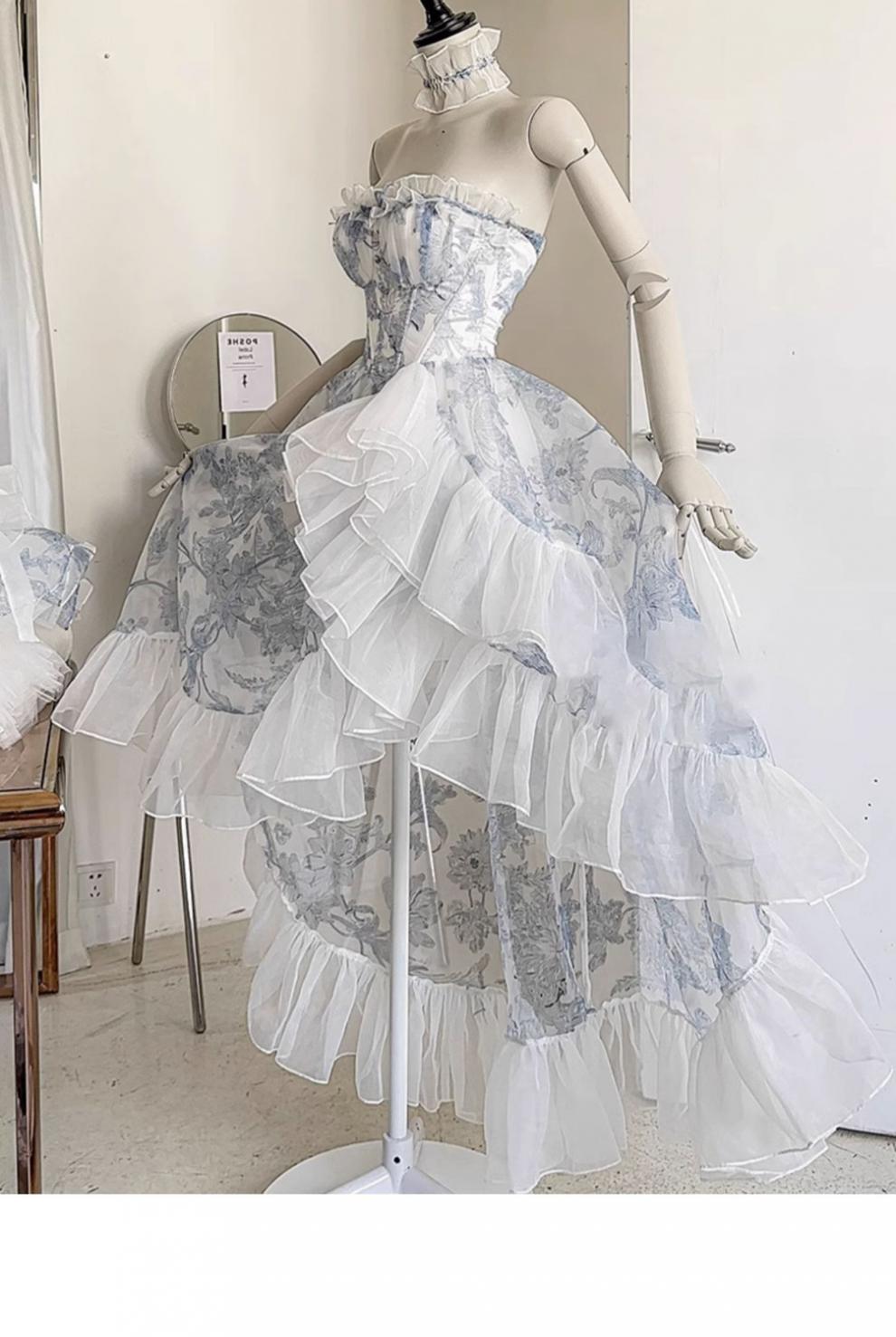 French Blue Floral Strapless Dress Women's Summer Princess Vintage Vintage Lolita Dress