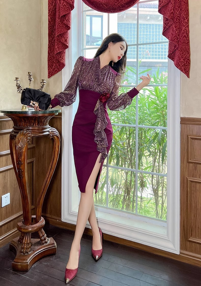 New Fall Women's Clothing Slim Fit Slimming Long Sleeves Dress Elegant High Sense Light Luxury Minority Red Engagement Dress