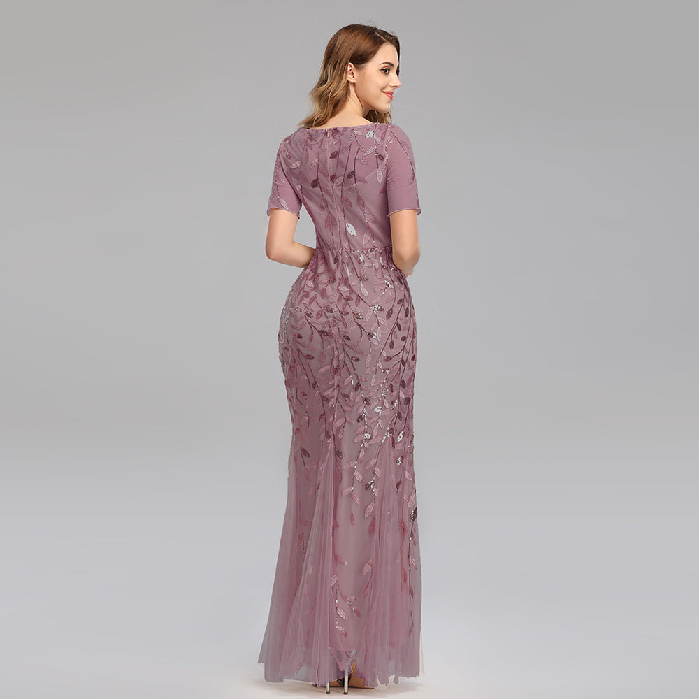 Spring and Summer Cross-Border 2024 Banquet Host European and American Slim Mesh Sequins Evening Dress Fishtail Dress Women