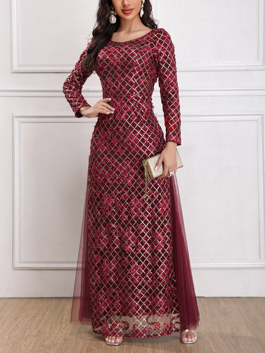 Cross-Border Foreign Trade Women's Clothing European and American Amazon Independent Station New Heavy Industry Dress Embroidery Stitching Mesh Long Dress