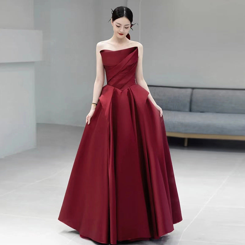 Wine Red Tube Top High-End Bridal Toast Clothing Satin High-End Sense Wedding Evening Dress Host Performance Costume Long