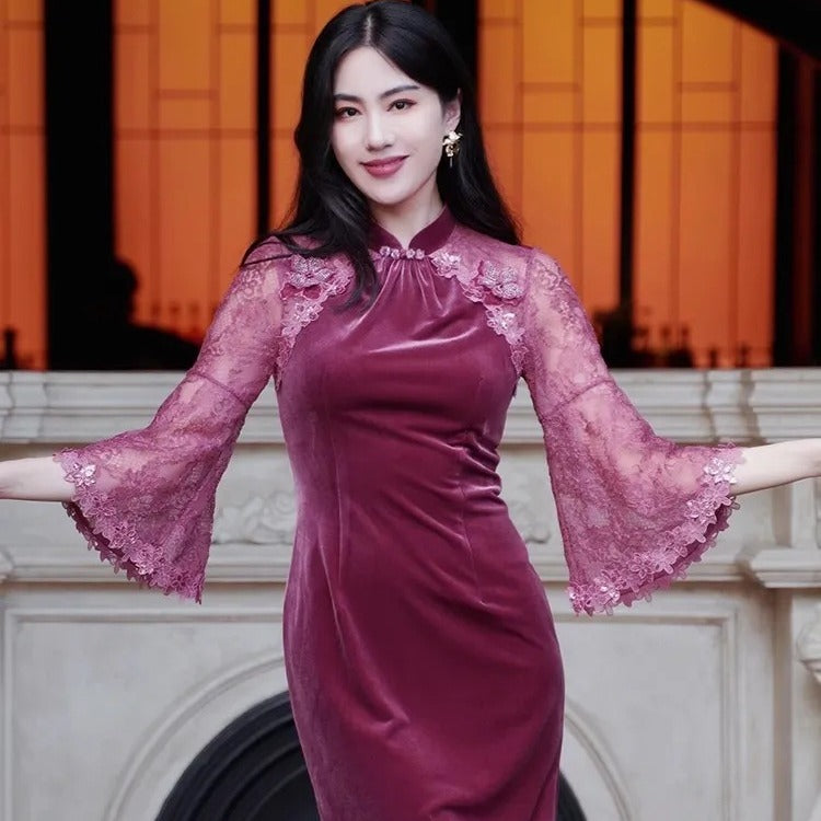 Banquet Red Dress and Cheongsam Female Ruofu Autumn and Winter 2024 New Year Velvet Noble Improved Dress Republic of China Style