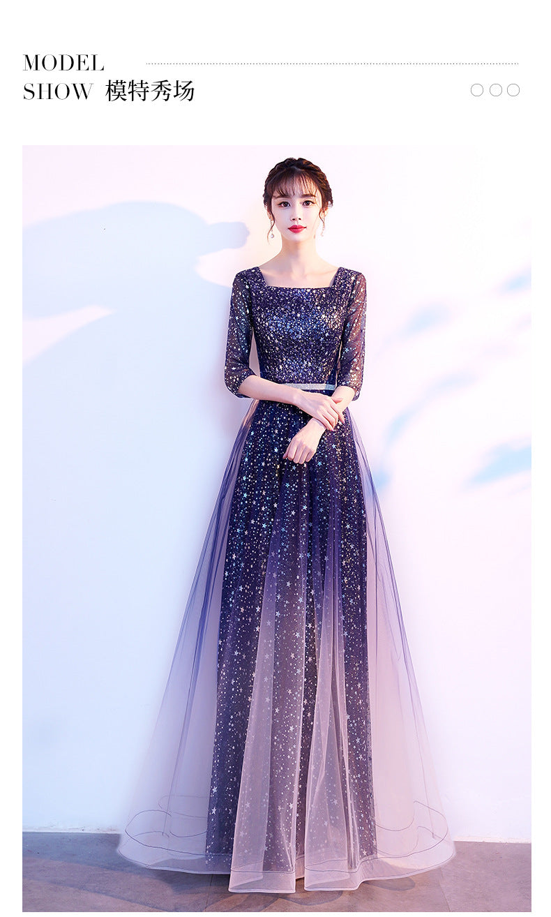 Starry Evening Dress Female Banquet Temperament Daily Style Square Collar Host Chorus Costume Summer Student