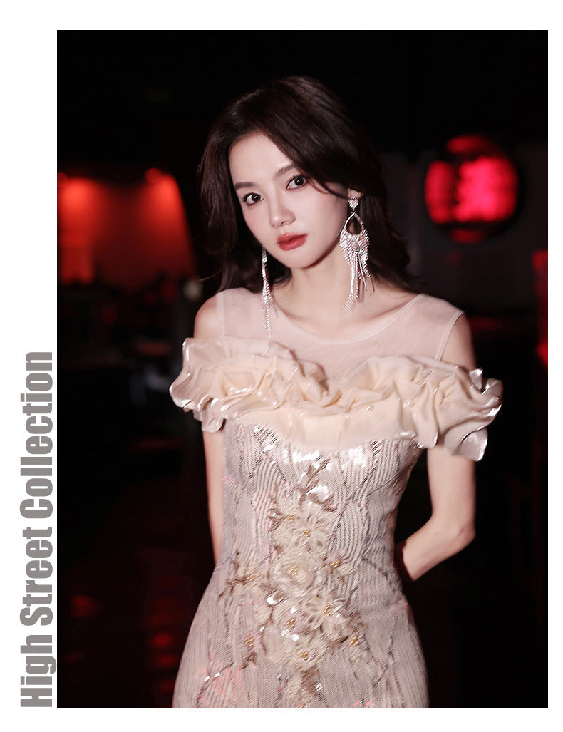 Fishtail Evening Dress 2024 New Sequined off-Shoulder Light Luxury Minority Host Banquet Heavy Work Waist-Tight Evening Dress