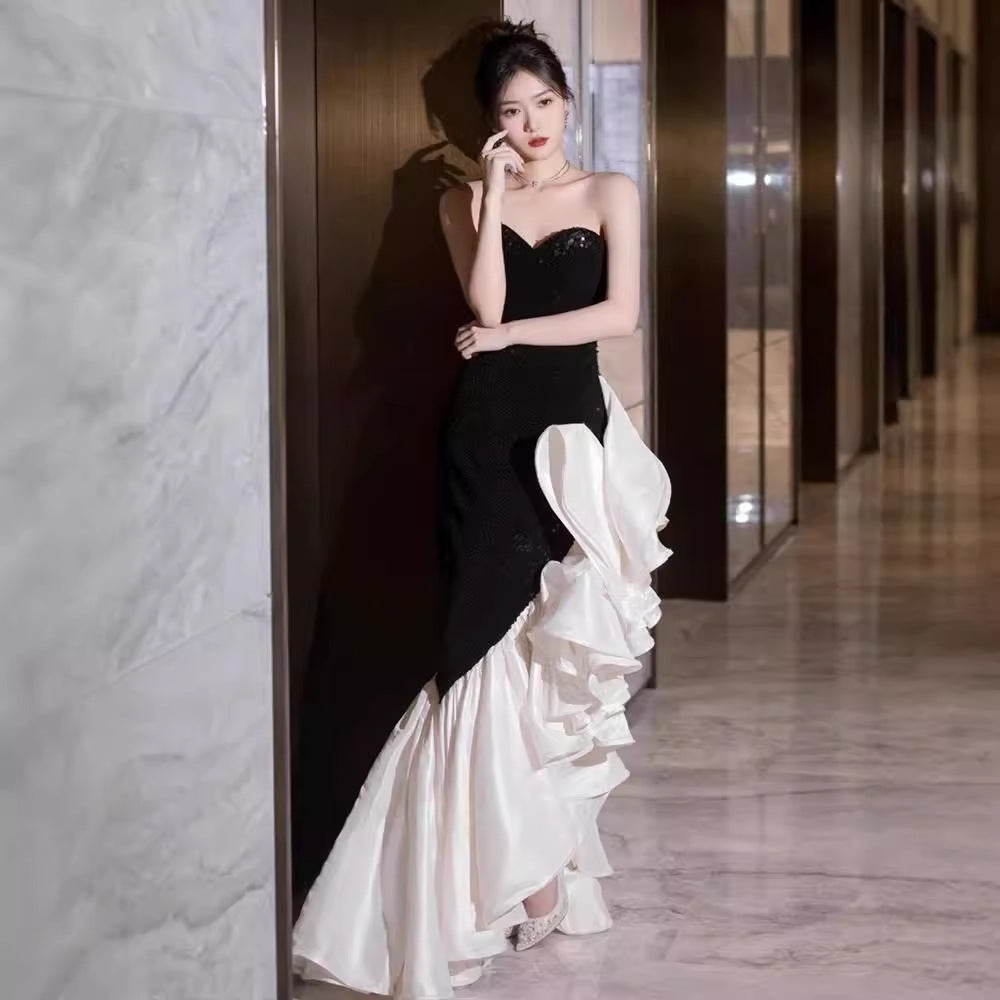 Black Paillette Evening Dress for Women High-End Affordable Luxury Niche Graduation Adult Ceremony Tube Top High-Grade Sense Bridal Party Fishtail Skirt