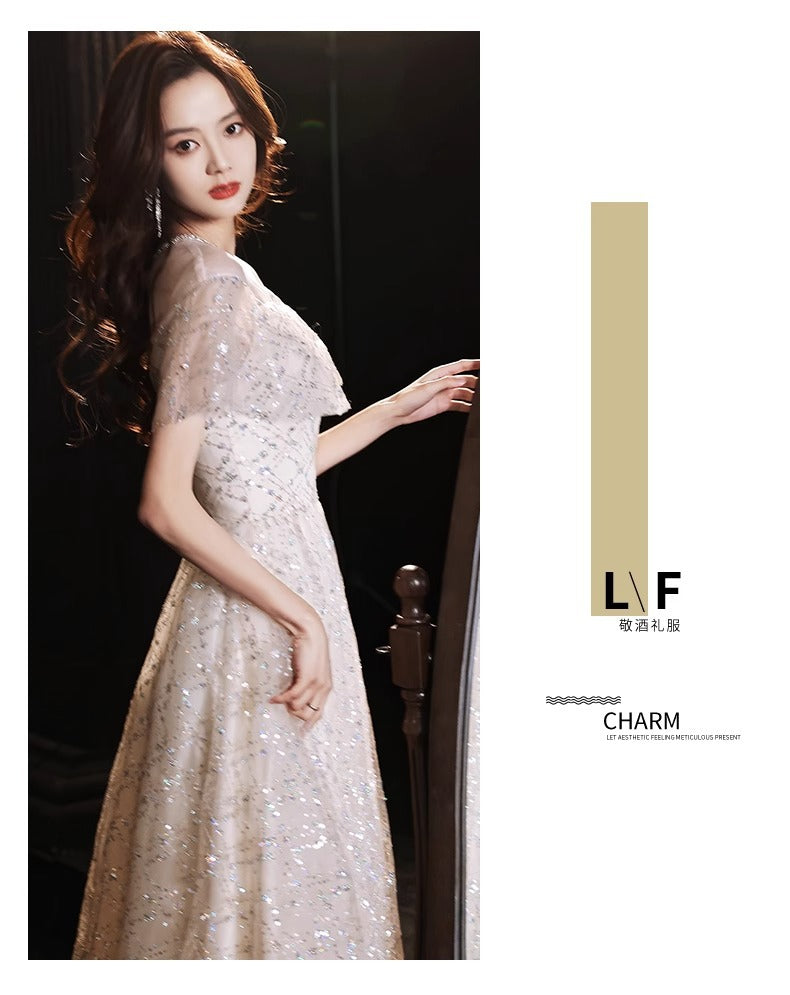 2024 New Sequined Evening Dress Women's High Sense Special Interest Light Luxury Banquet Temperament Annual Meeting Dinner Host