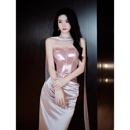 Pink Toast Clothing Morning Gowns 2024 New High Sense Banquet Temperament Host Tube Top Bride Engagement Formal Dress Female