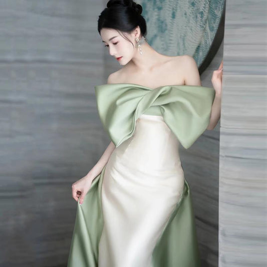 French Style Evening Dress for Women 2024 New Summer off-Shoulder Bow Satin Sexy Temperament Slim Fit Fishtail Gown