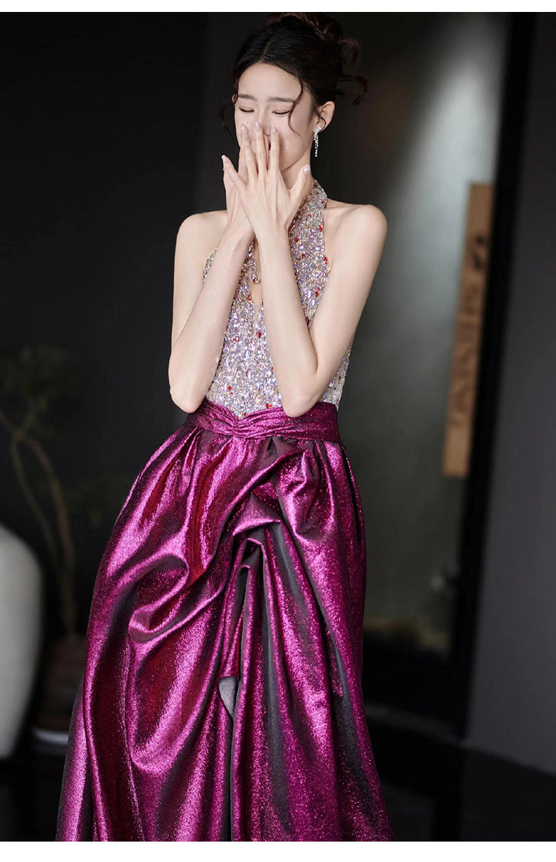 Halter Evening Dress 2024 New High Sense Heavy Industry Beads Banquet Temperament Host Bride Engagement Toast Clothing