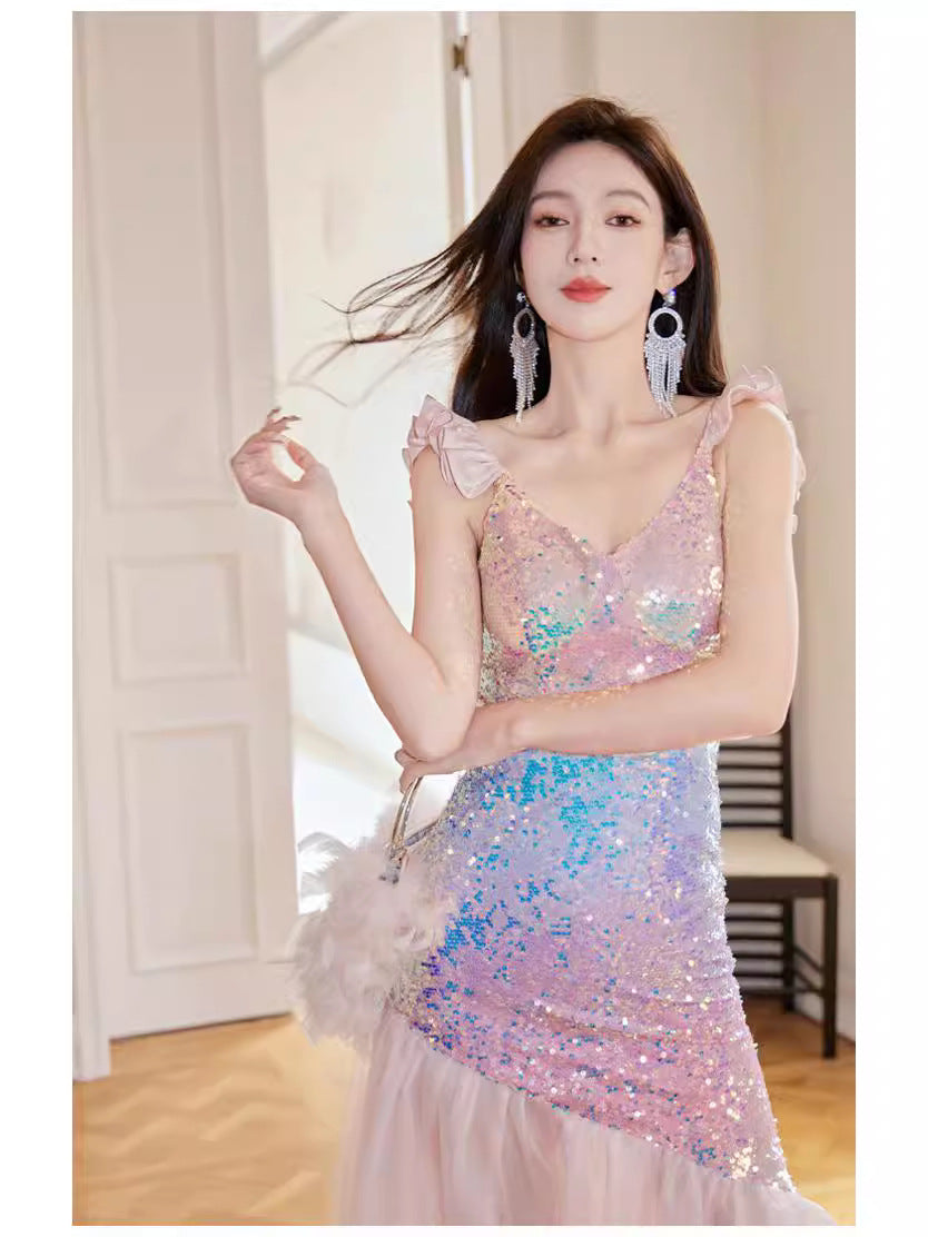 Evening Dress Sequin Long Dresses Camisole Luxury Minority High-End Dress Party Party Sequined Slim Fishtail Host H89802