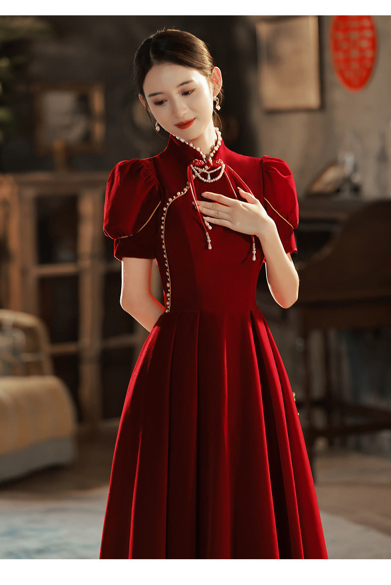 Toast Dress Bride 2024 New Chinese Style High-Grade Red Velvet Engagement Wedding Dress Women's Long Sleeve Spring