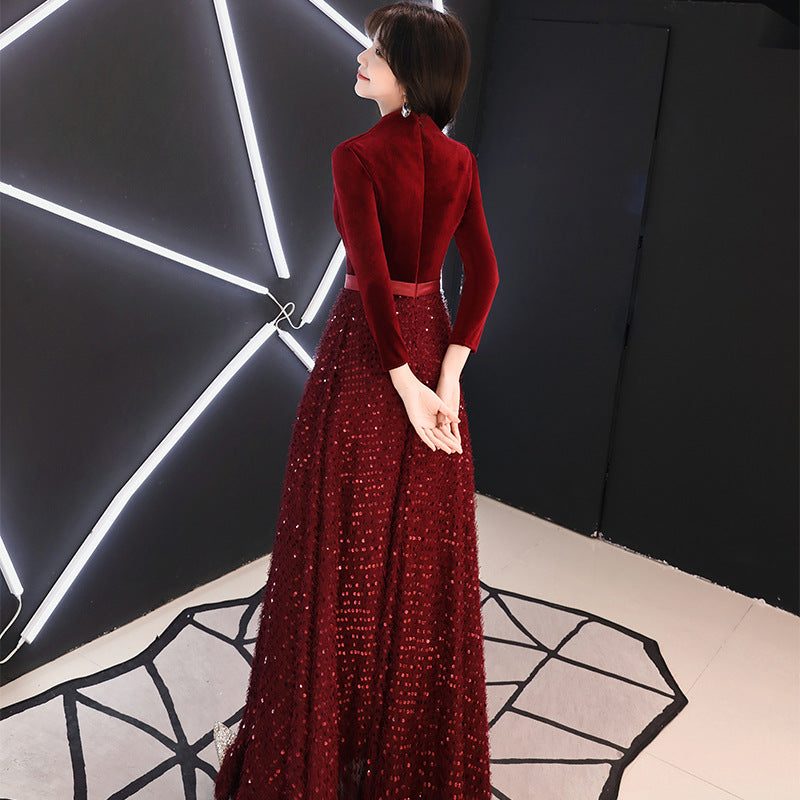 Evening Dress for Women 2024 New Elegant Toast Dress Wine Red Bride Elegant Long Sleeve Wedding Clothes Autumn