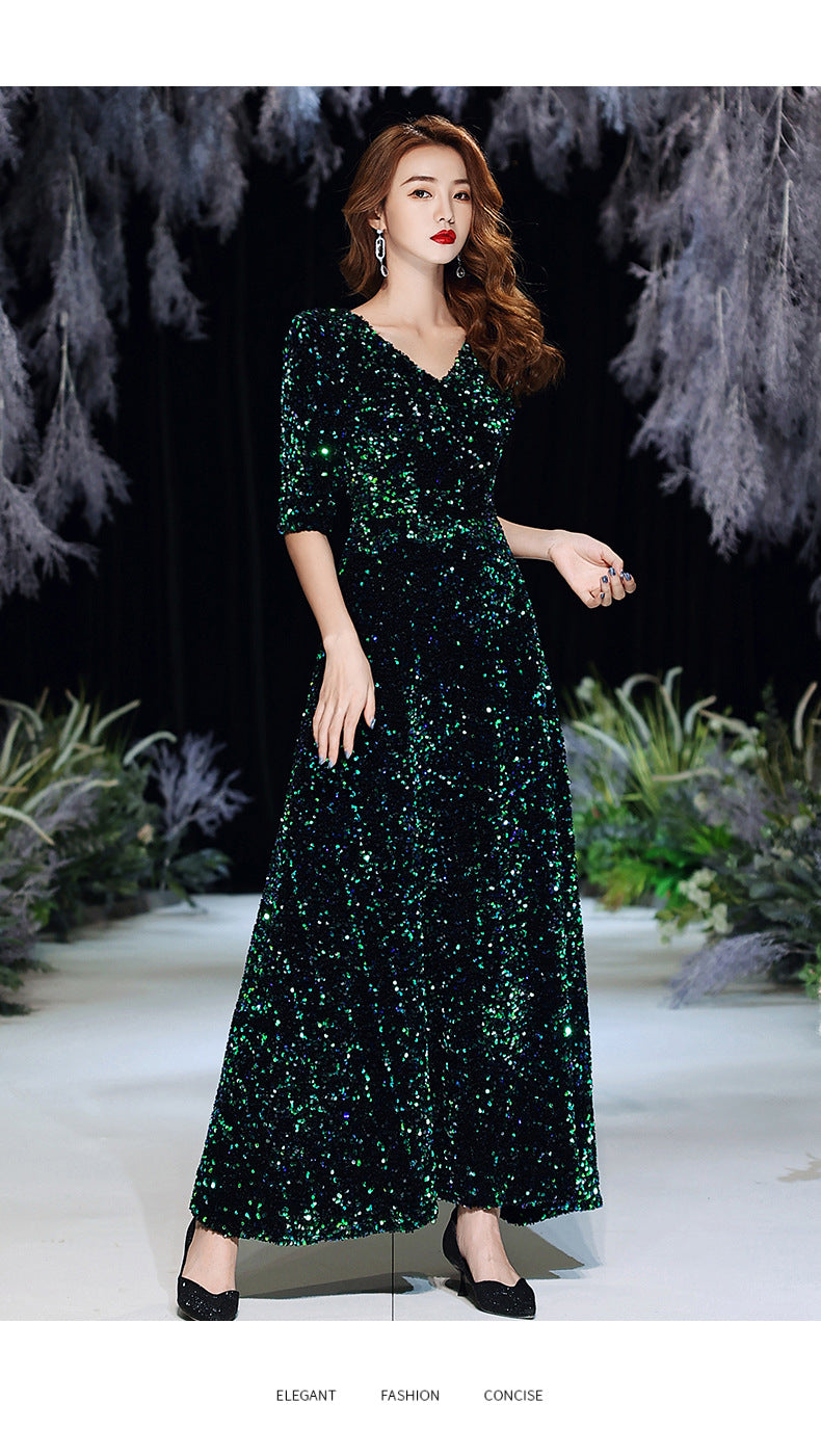 Green Sequins Annual Party Evening Dress Female 2024 Spring and Spring New Banquet Temperament Texture Host Long Dress