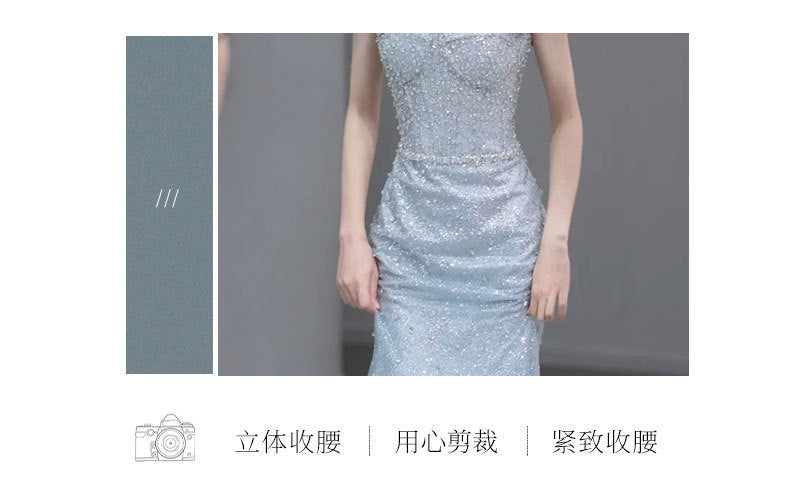 Fishtail Evening Dress High-Grade Model Catwalk Student Art Exam Toast Dress Bride Super Fairy Blue French Strap