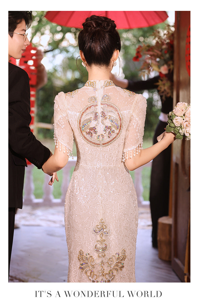 New Chinese Evening Dress Light Luxury High-End Toast Dress Bride Bride Outfit Champagne Cheongsam Engagement Dress Spring