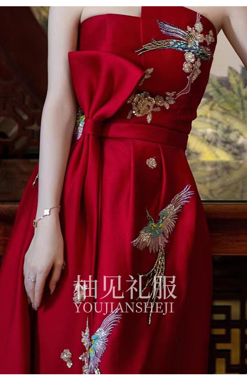 New Chinese Toast Clothing 2024 New Tube Top Morning Gowns Women's Bride Engagement Formal Dress Toast Clothing out of the Court Banquet Back to the Door Clothing