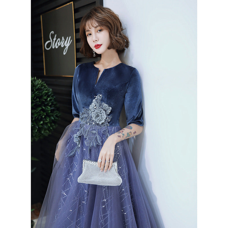 Evening Dress Party Dinner Gown Women's Banquet Elegant Solo Performance Host Art Exam Velvet Long Dress H9223