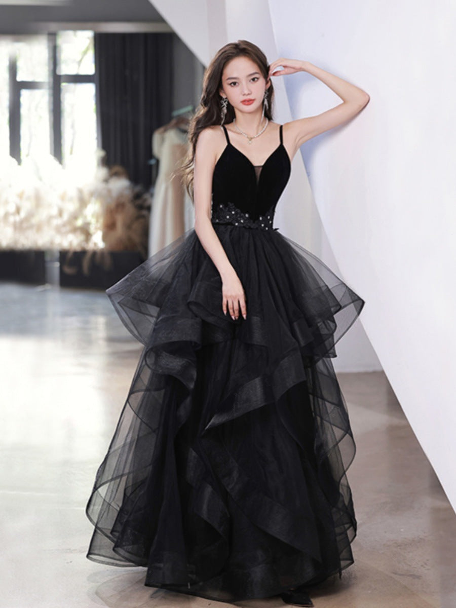 Prom dress French Evening Dresses Women's Black Mesh Hepburn Style Host Princess Long Gown H89920