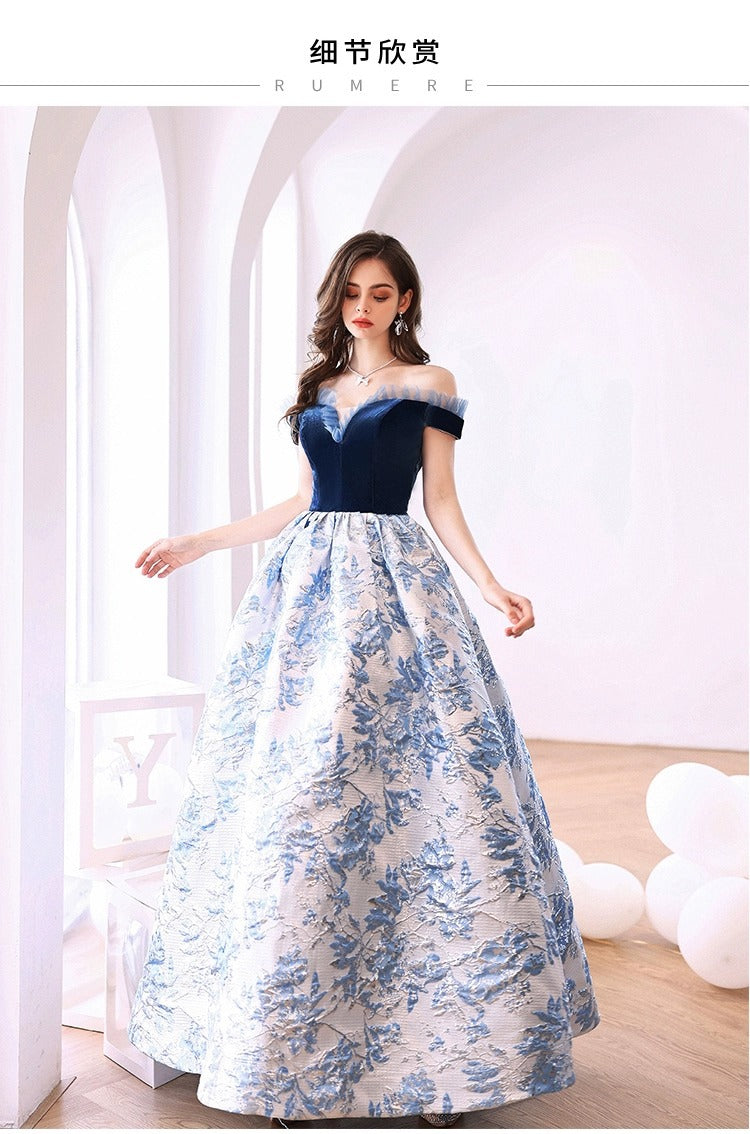 Evening Dress for Women 2024 Summer Blue off-Shoulder Banquet Performance Performance and Catwalk Host Wedding Dress