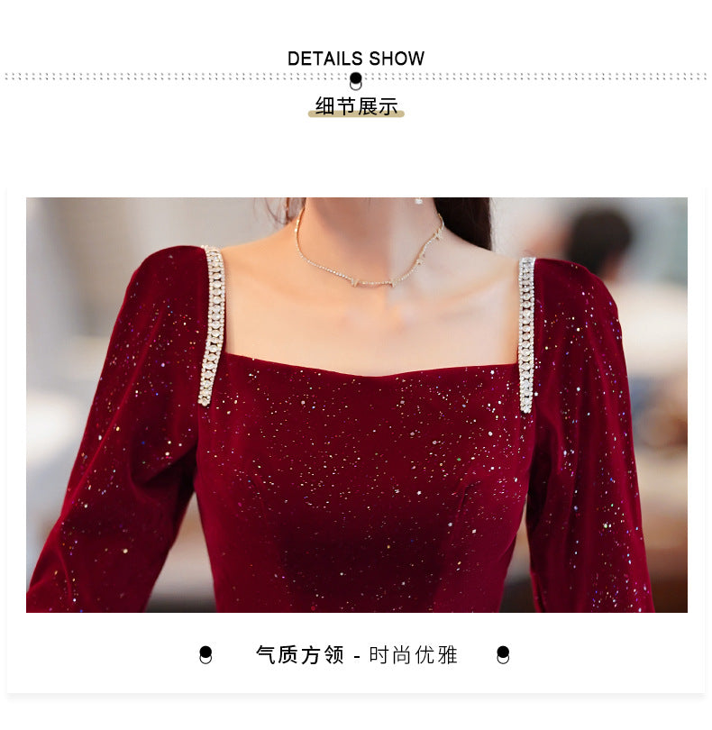 Toast Dress Bride 2024 New Autumn and Winter Fairy Wine Red Engagement Dress Wedding Back Door Toast Dress