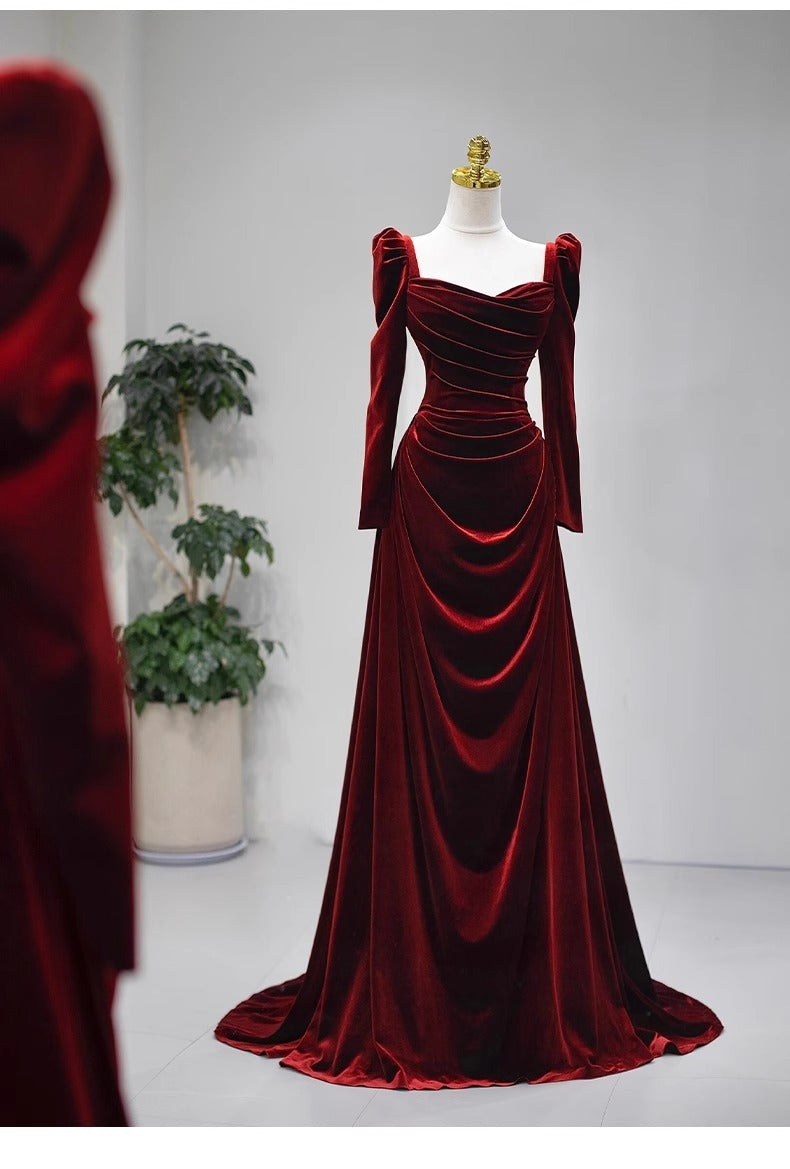 High-Grade Velvet Toast Dress Wine Red Long Sleeve Bride Engagement Dress Banquet Host Dress Annual Meeting Dress